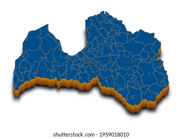 Latvia map vector. High detailed administrative 3D map of Latvia with dropped shadow. Vector blue isometric silhouette with administrative divisions. All isolated on white background