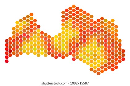 Latvia map. Vector honeycomb territorial scheme drawn with fire color tinges. Abstract Latvia map composition is composed with hot hexagon pixels.