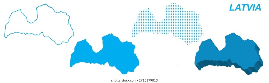 Letonia Conjunto de Vectores de mapa, Silueta de contorno de Europa Formas macizas 3D punteadas, Letonia Plantilla de infografía de Country, EPS editable Letonia Geografía