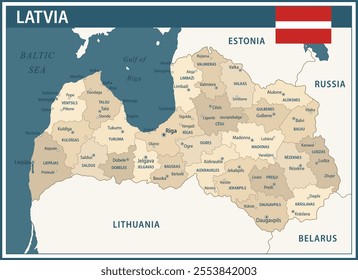 Latvia Map Vector Vintage Dark Blue Beige - Customizable layered political map of Latvia with administrative divisions for website, education, reports, news, politics, print, poster and wallpaper