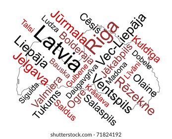 Latvia map and words cloud with larger cities