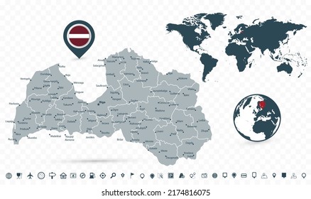Latvia Map and World Map isolated on transparent background. Highly detailed vector illustration of map.