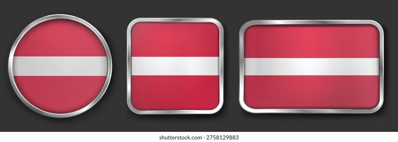 LATVIA Metallic Flag Collection, Circular, Square and Rectangular LATVIA Flag Badges Set
