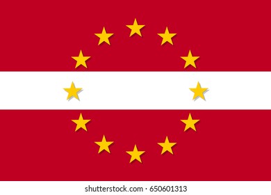 Latvia national flag with a circle of European Union twelve gold stars, ideals of unity with EU, member since 1 January 1958. Vector flat style illustration