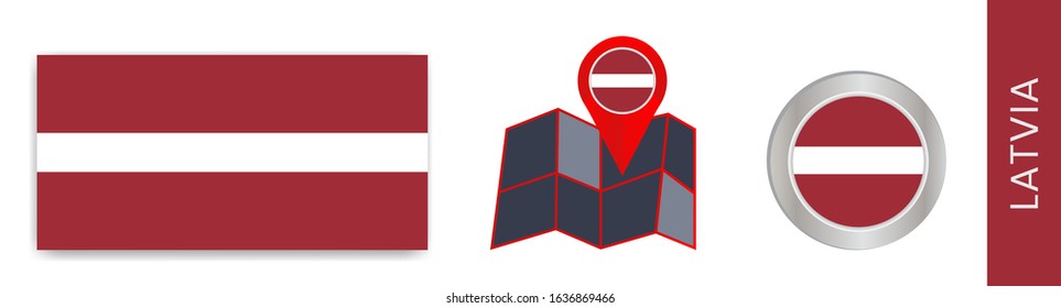 Latvia national flag collection isolated in official colors and pin map map of Latvia with country flags.