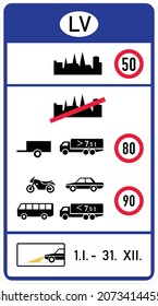 Letonia Límites de velocidad nacionales, pasos fronterizos, comparación de las señales de tráfico europeas