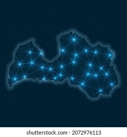 Latvia network map. Abstract geometric map of the country. Digital connections and telecommunication design. Glowing internet network. Modern vector illustration.