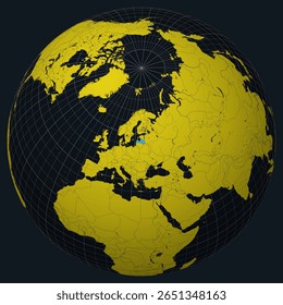 Letônia no Globe. Vista do país no mapa do mundo em Carvão amarelo brilhante paleta de cores. Forma de Letônia no mapa. Globo com meridianos, paralelos, países, rios e lagos. Incrível ilustração vetorial.