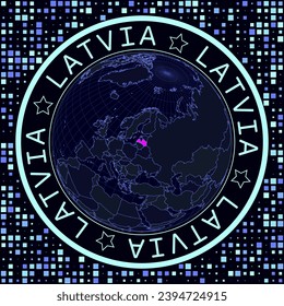 Latvia on globe vector. Futuristic satelite view of the world centered to Latvia. Geographical illustration with shape of country and squares background. Bright neon colors on dark background.