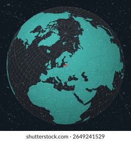 Latvia on Globe. Vintage look with grunge scratched texture. Country view on world map in Dark Charcoal Turquoise color palette. Latvia shape on map. Globe with meridians and parallels.