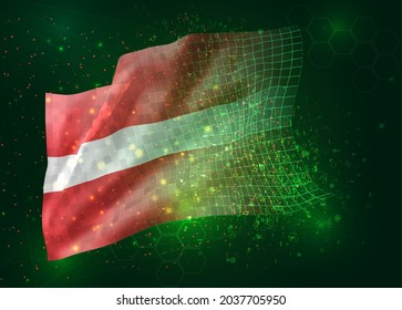 Latvia, on vector 3d flag on green background with polygons and data numbers