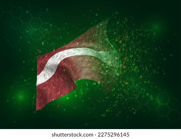 Lettland auf Vektorgrafik 3D-Flagge auf grünem Hintergrund mit Polygone und Datennummern