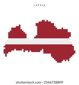 Latvia pixel flag map icon. 8 bit pixel art Latvian map covered with flag. Flat vector illustration isolated on white background.