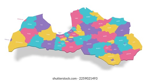 Latvia political map of administrative divisions - municipalities and cities. 3D colorful vector map with name labels.