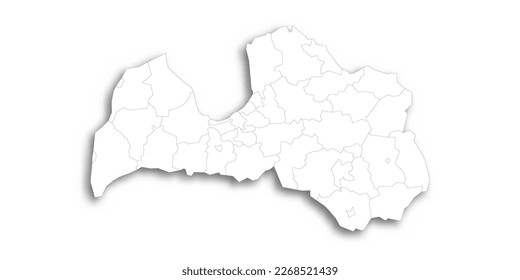 Latvia political map of administrative divisions - municipalities and cities. Flat white blank map with thin black outline and dropped shadow.