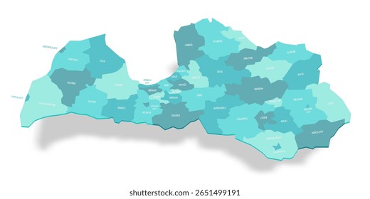 Mapa político da Letónia de divisões administrativas - municípios e cidades. Mapa de vetor turquesa 3D com rótulos de nome.
