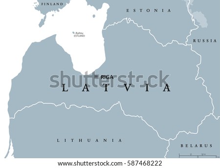 Latvia political map with capital Riga, national borders and neighbor countries. Republic in Northern Europe, one of the three Baltic states. Gray illustration over white, English labeling. Vector.