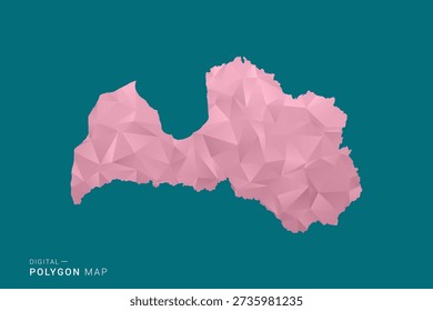 Latvia polygon map vector illustration in low poly geometric style, soft pastel colors with pink and teal green tones, clean silhouette on solid background, ideal for infographic.