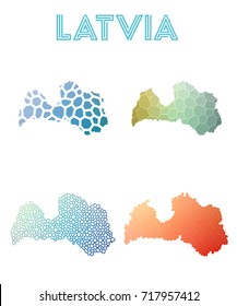Latvia polygonal map. Mosaic style maps collection. Bright abstract tessellation, geometric, low poly, modern design. Latvia polygonal maps for infographics or presentations.