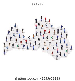 Latvia population map. Large group of realistic a diverse crowd of people figures in a shape of Latvian map. Flat vector illustration isolated on white.