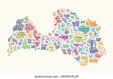 Latvia regions word cloud. Country logo design. Regions typography style vector image. Latvia colored text cloud. Artistic vector illustration.