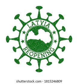 Latvia Reopening Stamp. Green round badge of country with map of Latvia. Country opening after lockdown. Vector illustration.