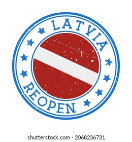 Latvia reopening stamp. Round badge of country with flag of Latvia. Reopening after lockdown sign. Vector illustration.