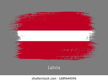 Latvia republic official flag in shape of paintbrush stroke. Latvian national identity symbol. Grunge brush blot isolated on grey background vector illustration. Latvia country patriotic stamp.