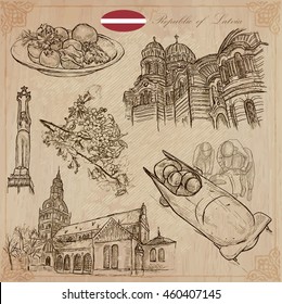 Latvia. Republic of Latvia. Vector pictures. Pictures of life and travel collection of an hand drawn illustrations. Pack of hand drawings. Set of freehand sketches. Line art technique.