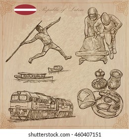 Latvia. Republic of Latvia. Vector pictures. Pictures of life and travel collection of an hand drawn illustrations. Pack of hand drawings. Set of freehand sketches. Line art technique.