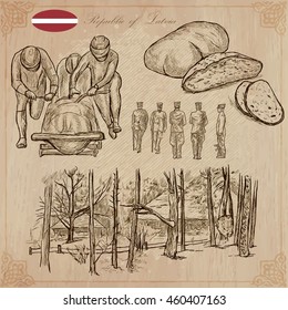 Latvia. Republic of Latvia. Vector pictures. Pictures of life and travel collection of an hand drawn illustrations. Pack of hand drawings. Set of freehand sketches. Line art technique.