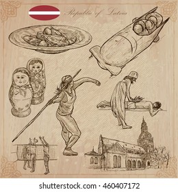 Latvia. Republic of Latvia. Vector pictures. Pictures of life and travel collection of an hand drawn illustrations. Pack of hand drawings. Set of freehand sketches. Line art technique.