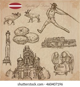 Latvia. Republic of Latvia. Vector pictures. Pictures of life and travel collection of an hand drawn illustrations. Pack of hand drawings. Set of freehand sketches. Line art technique.
