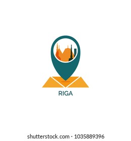 Latvia Riga map city pin point geolocation modern skyline shape pointer vector flat logo web icon illustration