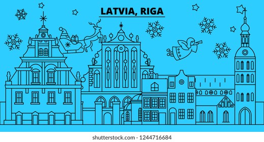 Latvia, Riga winter holidays skyline. Merry Christmas, Happy New Year decorated banner with Santa Claus.Latvia, Riga linear christmas city vector flat illustration