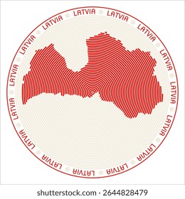 Latvia round logo design. Country shape built of rings. Latvia text around the country. Vector Illustration.