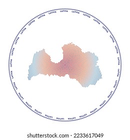 Latvia round logo. Digital style shape of Latvia in dotted circle with country name. Tech icon of the country with gradiented dots. Creative vector illustration.