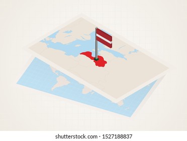 Latvia selected on map with isometric flag of Latvia. Vector paper map.