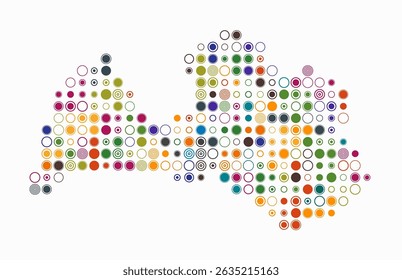 Letônia, forma da construção do país de células coloridas. Mapa de estilo digital da Letónia sobre fundo branco. Blocos circulares de tamanho grande. Ilustração de vetor vibrante.