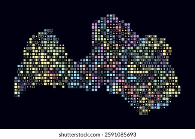 Latvia, shape of the country built of colored cells. Digital style map of Latvia on a dark background. Small size rounded square blocks. Abstract vector illustration.