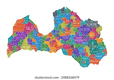 Latvia shape. Country word cloud with region division. Latvia colored illustration. Region names cloud. Vector illustration.