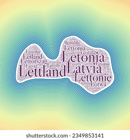 Latvia shape formed by country name in multiple languages. Latvia border on stylish striped gradient background. Vibrant poster. Creative vector illustration.