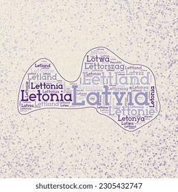 Latvia shape whith country names word cloud in multiple languages. Latvia border map on creative triangles scattered around. Powerful vector illustration.