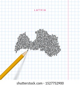 Latvia sketch scribble map drawn on checkered school notebook paper background. Hand drawn vector map of Latvia. Realistic 3D pencil.