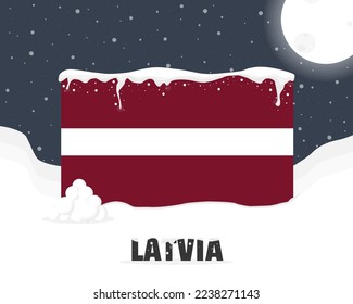 Latvia snowy weather concept, cold weather and snowfall, Latvia weather forecast winter banner idea, snow cap on flag with snowballs and moon, blizzard and adverse weather conditions