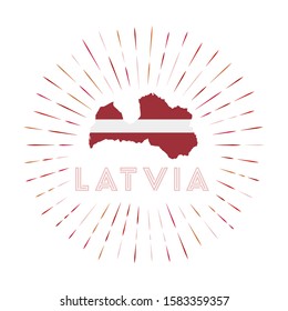 Latvia sunburst badge. The country sign with map of Latvia with Latvian flag. Colorful rays around the logo. Vector illustration.