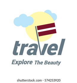 Latvia Travel Country Flag Logo. Explore the The Beauty lettering with Sun and Clouds and creative waving flag. travel company logo design - vector illustration