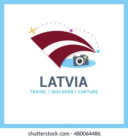 Latvia Travel, Discover, Capture logo - Vector travel Photographer logo design - Country Flag Travel, Discover and Photgrapher Conceptual logotype - vector illustration