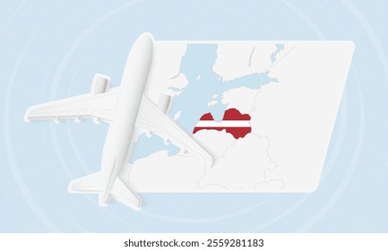 Latvia Travel Illustration with Plane and National Flag. Ideal for travel agencies, promotional materials, or geographic content related to Latvia.