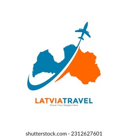 Latvia travel with plane logo vector logo design. Suitable for business, transportation, technology, vacation, and travelling